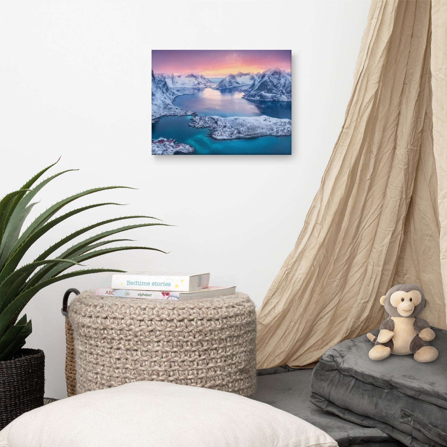 Reine at Winter Sunset Icy Mountain Landscape Photo Canvas Wall Art Prints