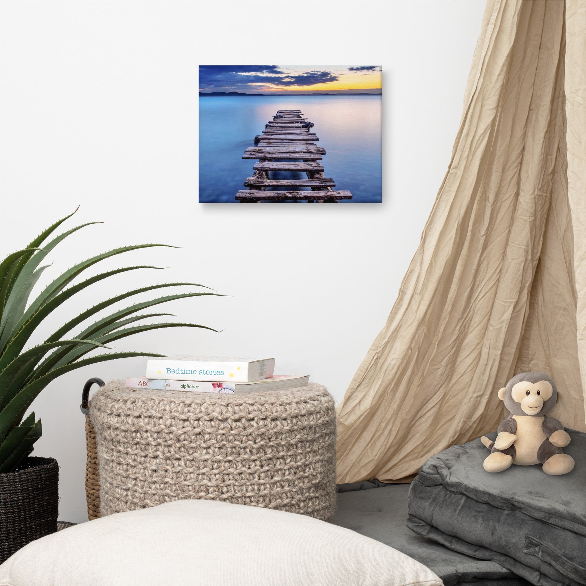 Old Weathered Lake Pier at Sunset Landscape Photo Canvas Wall Art Prints