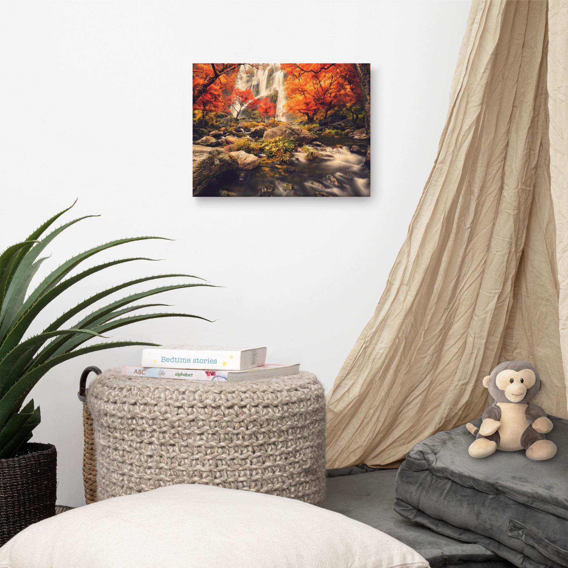 Waterfall in the Autumn with Golden Shadow Effect Landscape Photo Canvas Wall Art Prints