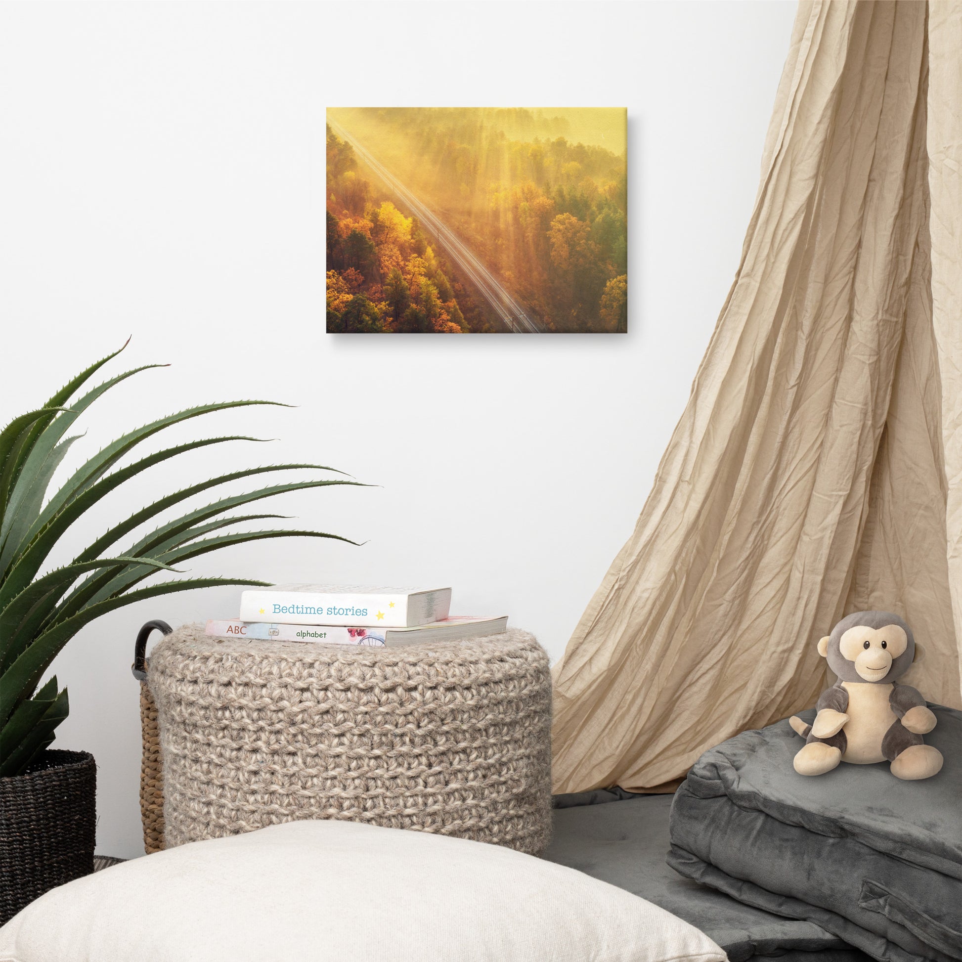 Sunrise Railroad Though Misty Forest With Golden Haze Effect Landscape Photo Canvas Wall Art Prints