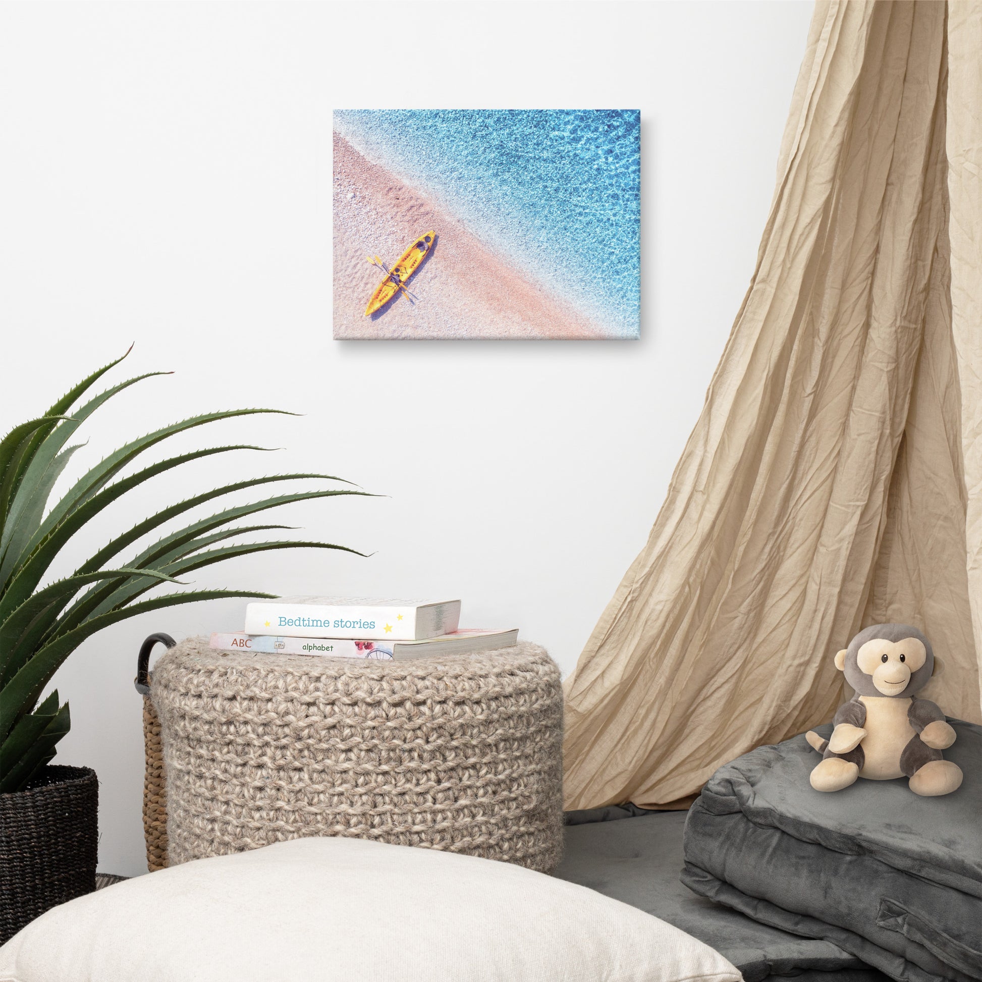 Yellow Canoe and Blue Sea by with Soft Violet Effect Landscape Photo Canvas Wall Art Prints