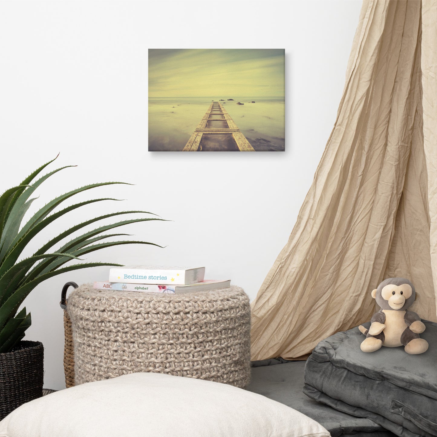 Moody Ocean and Sky Wooden Pier Landscape Photo Canvas Wall Art Prints