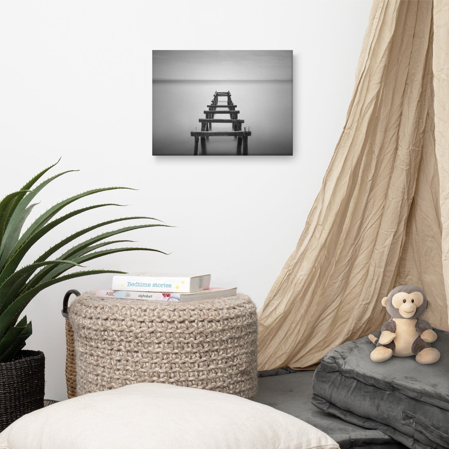 Soft Lake and Abandoned Pier Black and White Landscape Photo Canvas Wall Art Prints