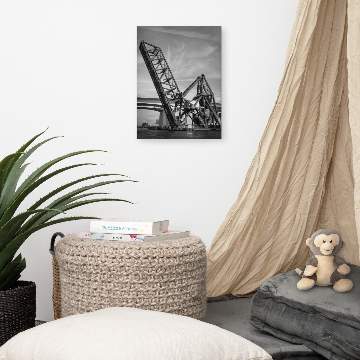 Train Drawbridge Jacksonville 2 Black and White Canvas Wall Art Print