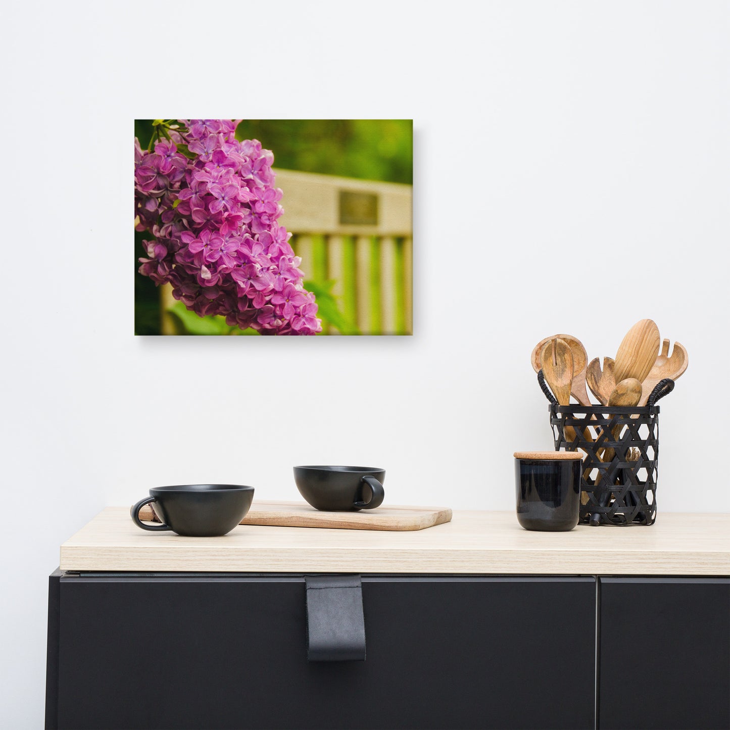 Park Bench with Lilac Floral Botanical Nature Photo Canvas Wall Art Prints