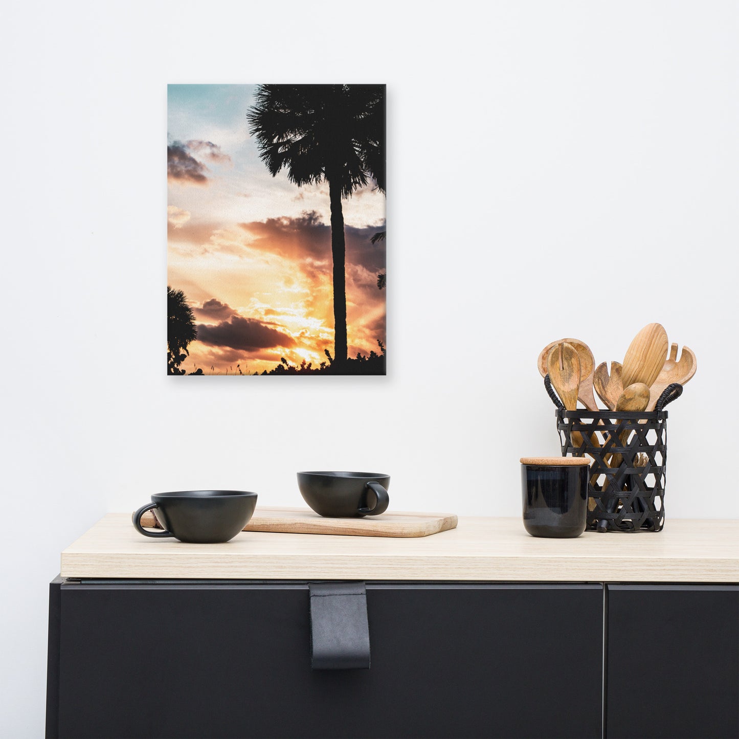 Palm Tree Silhouettes and Sunset Botanical Nature Canvas Wall Art Prints