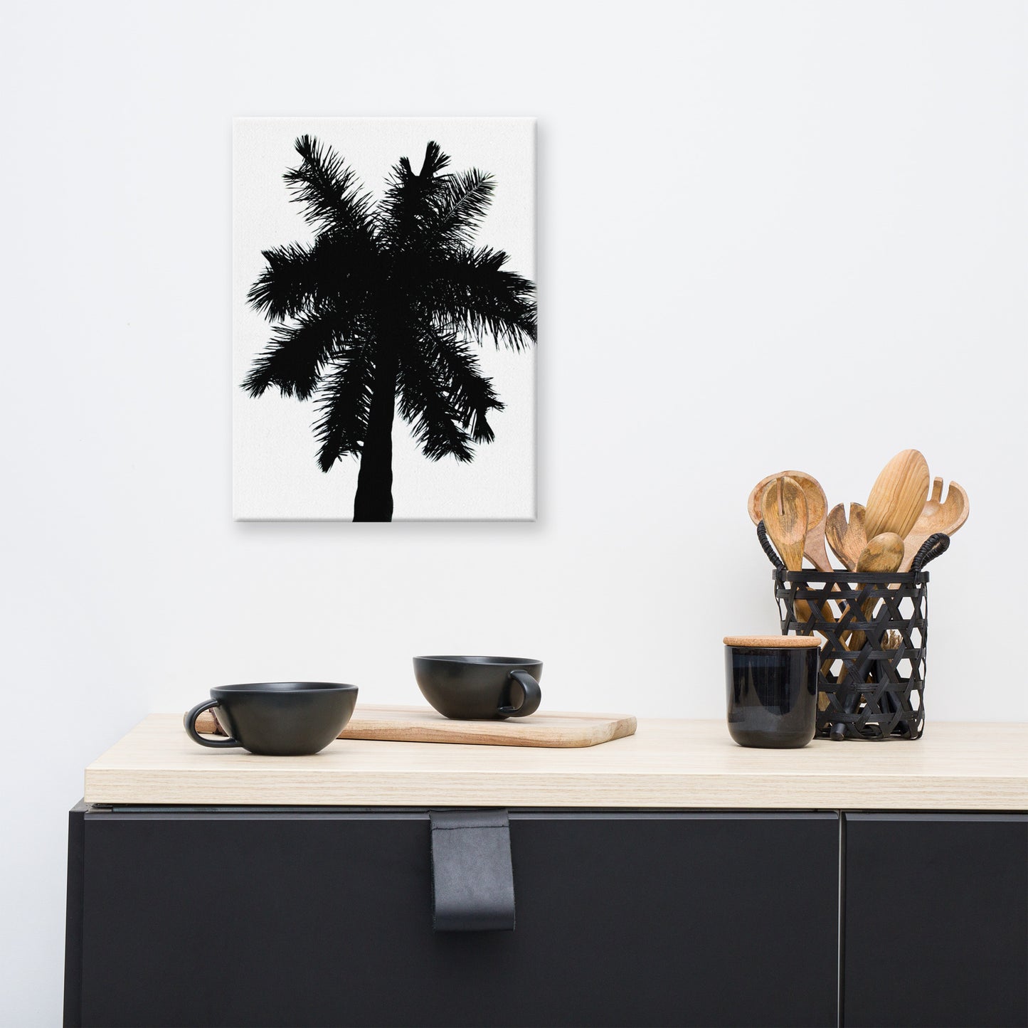 Palm Tree Silhouette on Pure White Botanical Nature Canvas Wall Art Print