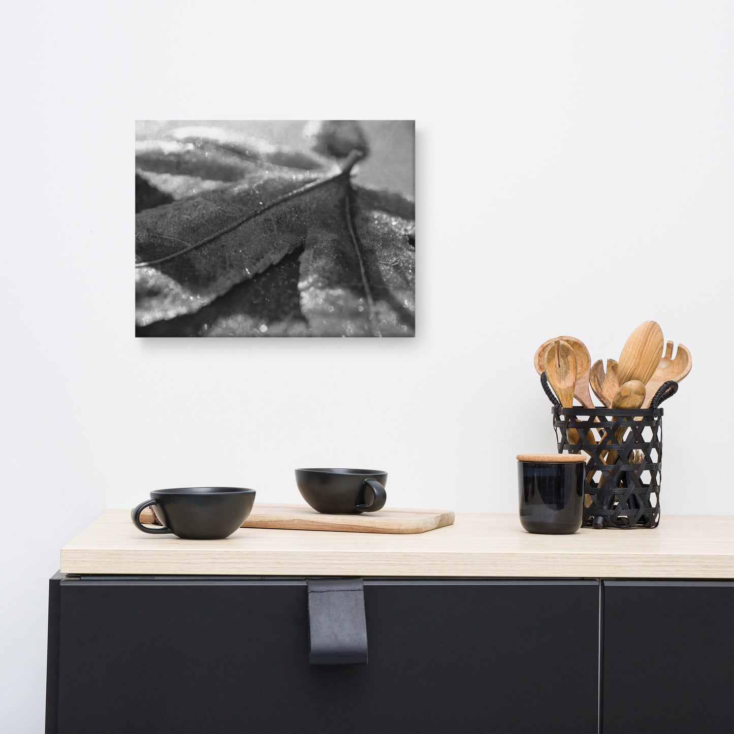 Frost Covered Leaf Black and White Floral Nature Canvas Wall Art Prints