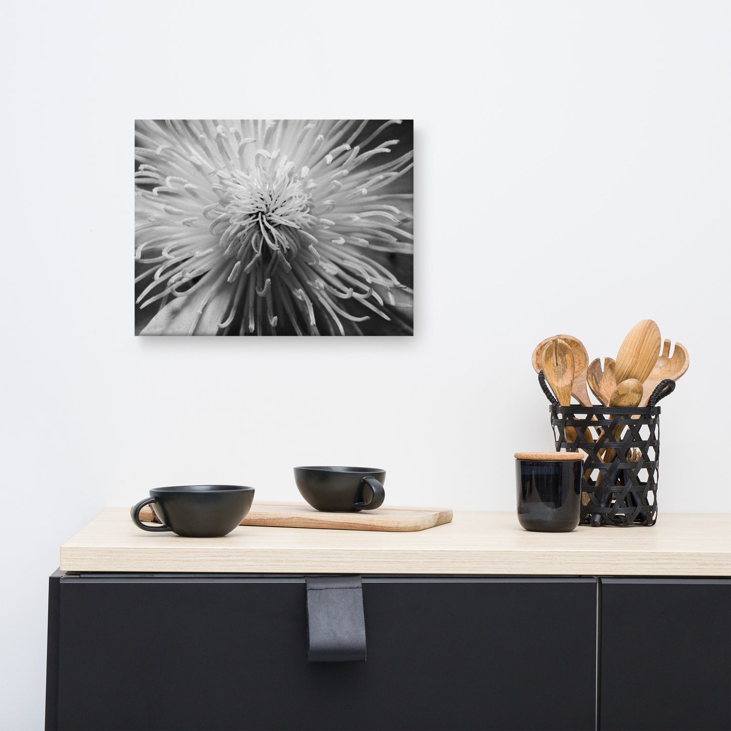 Center of Clematis Black and White Floral Botanical Nature Photograph Canvas Wall Art Prints