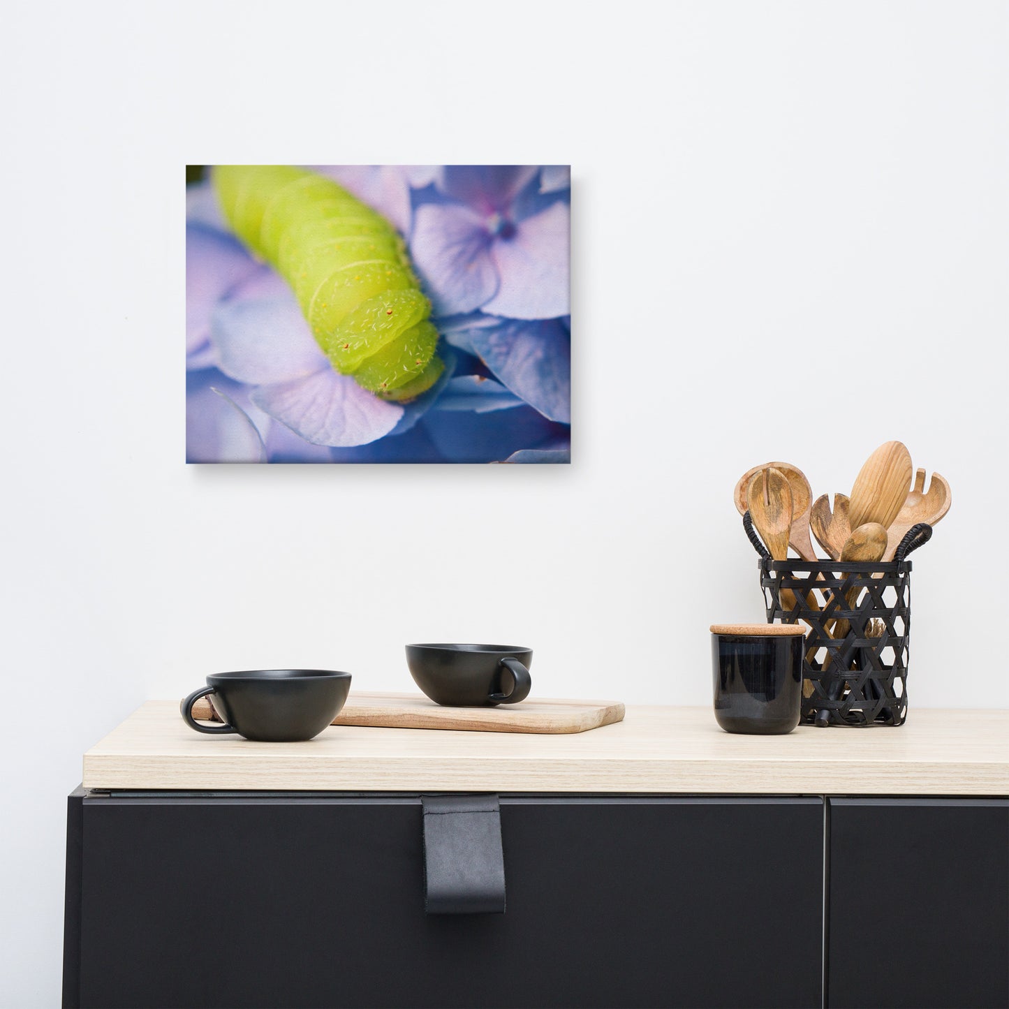 Actias Luna Larvae on Hydrangea Floral Botanical Nature Photograph Canvas Wall Art Prints