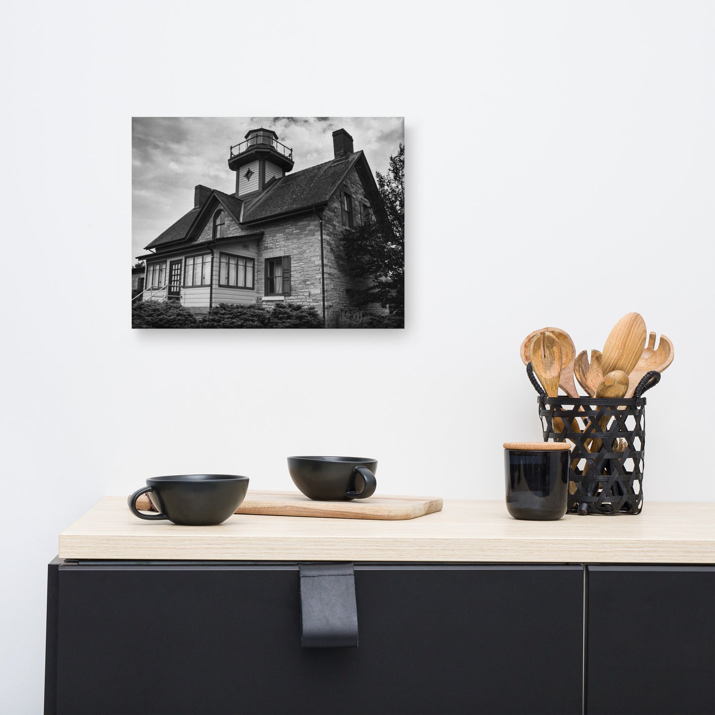 Cedar Point Lighthouse in Black and White Coastal Landscape Canvas Wall Art Prints