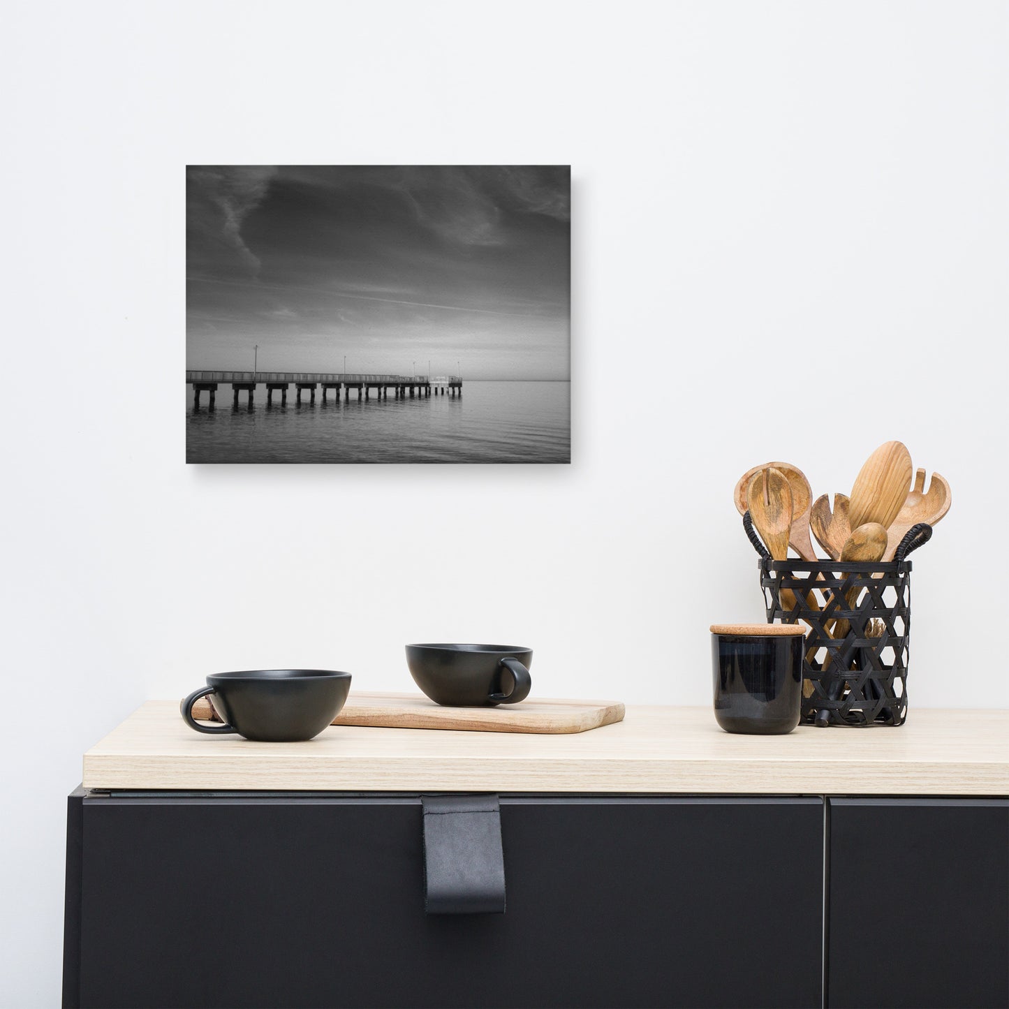End of the Pier Black and White Coastal Landscape Canvas Wall Art Prints
