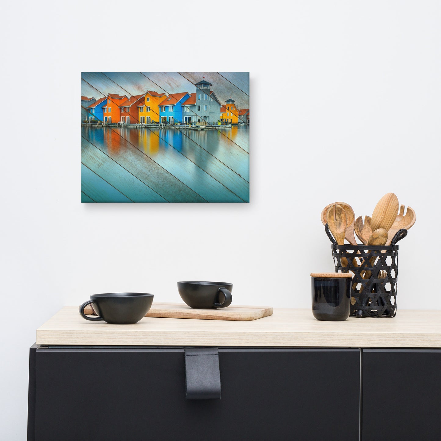 Faux Wood Blue Morning at Waters Edge Coastal Landscape Canvas Wall Art Prints