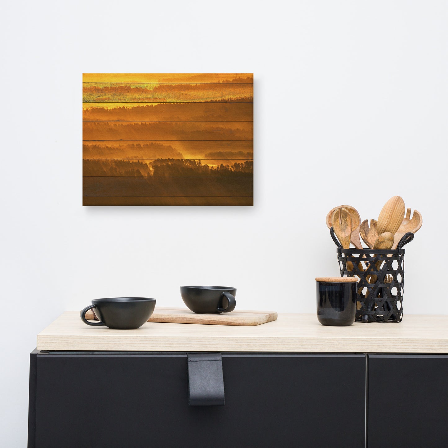 Faux Wood Golden Mist Valley - Hills & Mountain Range Rural Landscape Canvas Wall Art Prints