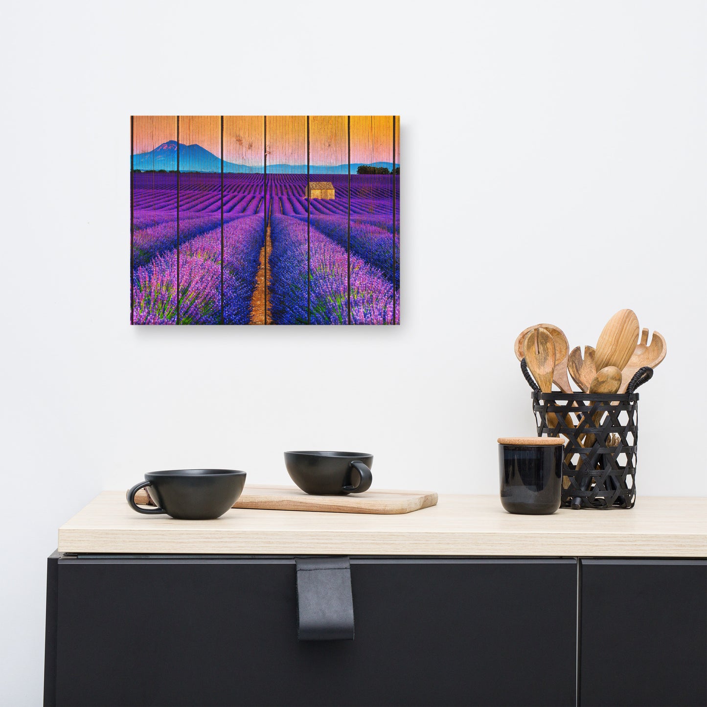 Faux Wood Lavender Fields and Sunset Farmhouse Style Floral Landscape Photograph Canvas Wall Art Prints