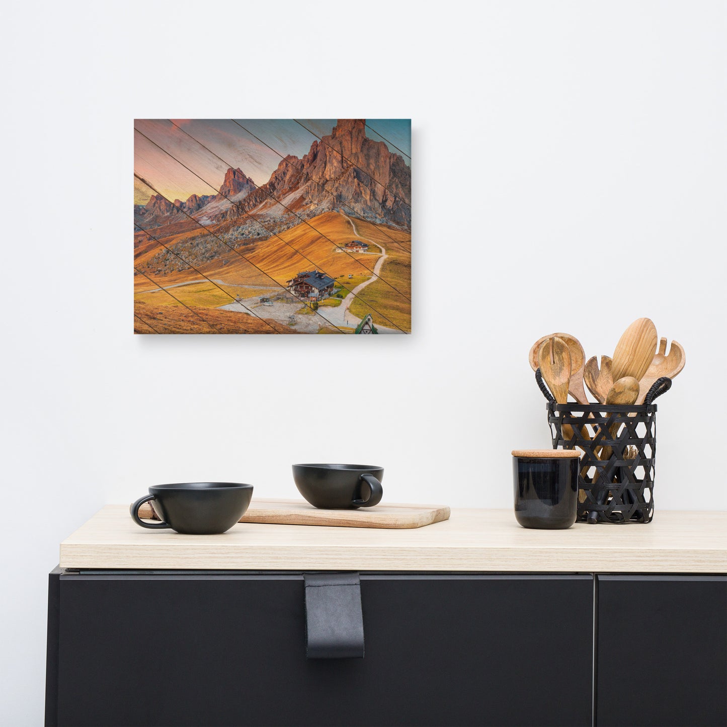 Faux Wood Majestic Sunset and Alpine Mountain Pass Canvas Wall Art Prints