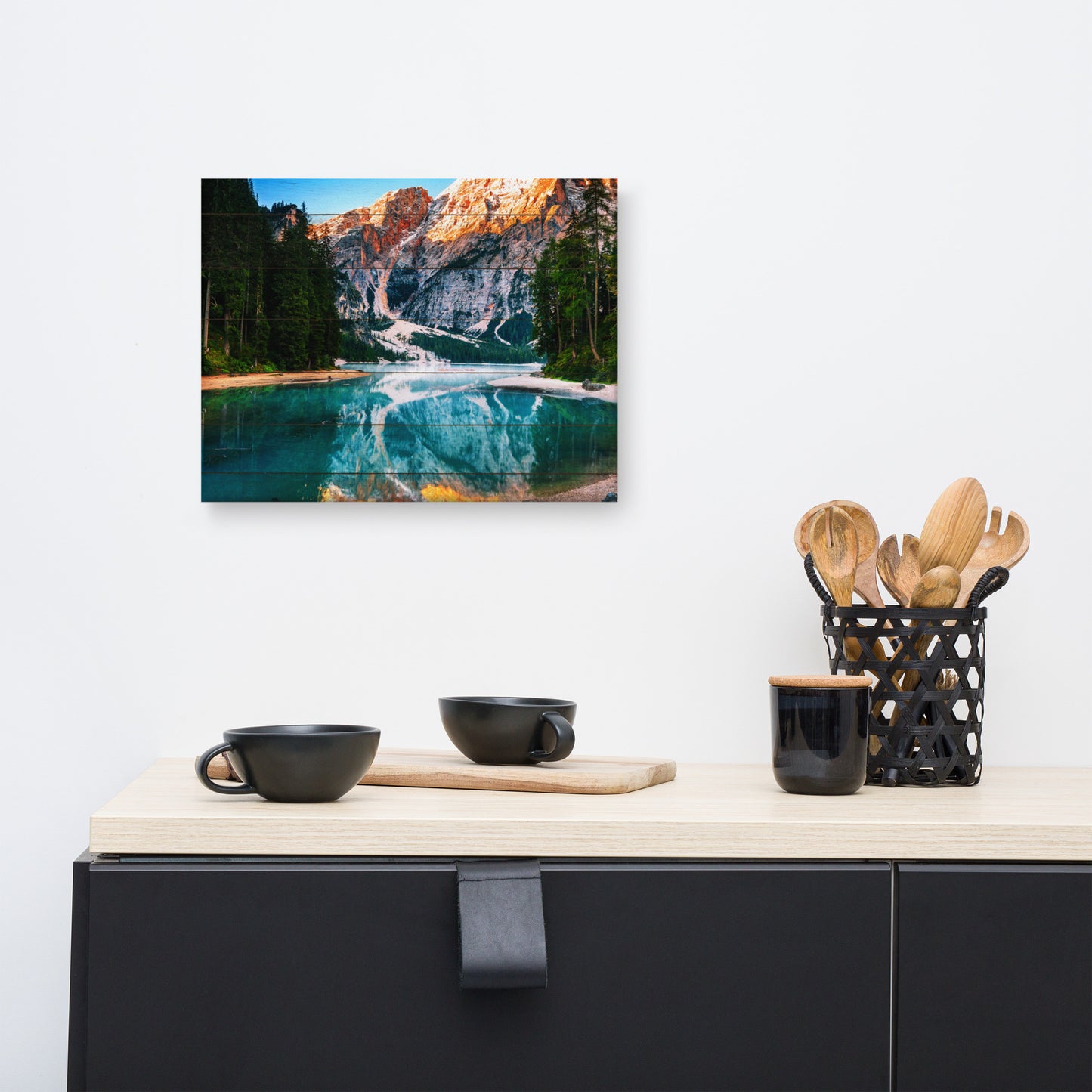 Faux Wood Misty Lake and Snowcap Mountain Reflections Rural Landscape Canvas Wall Art Prints