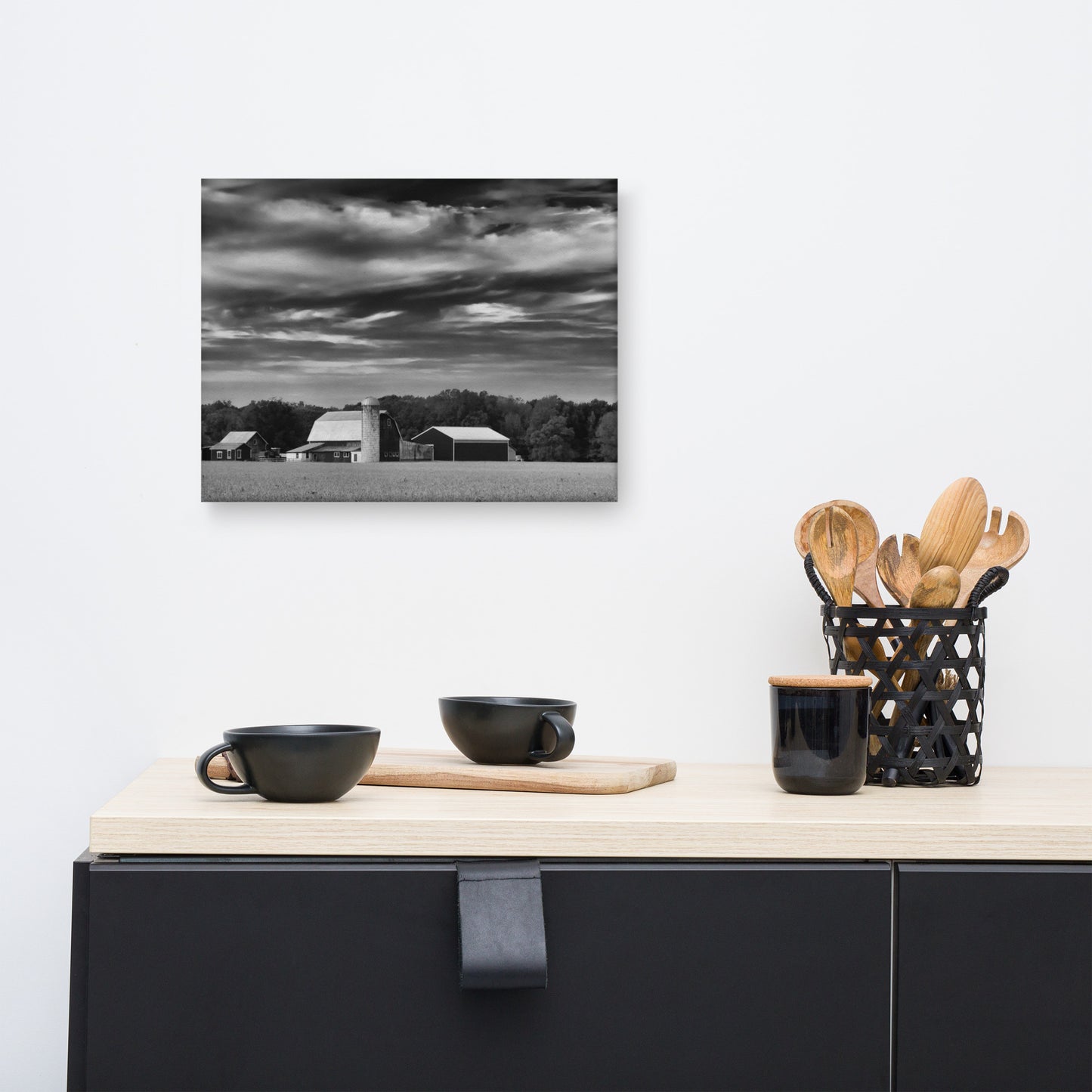 Barn in Field Black and White Rural Landscape Canvas Wall Art Prints