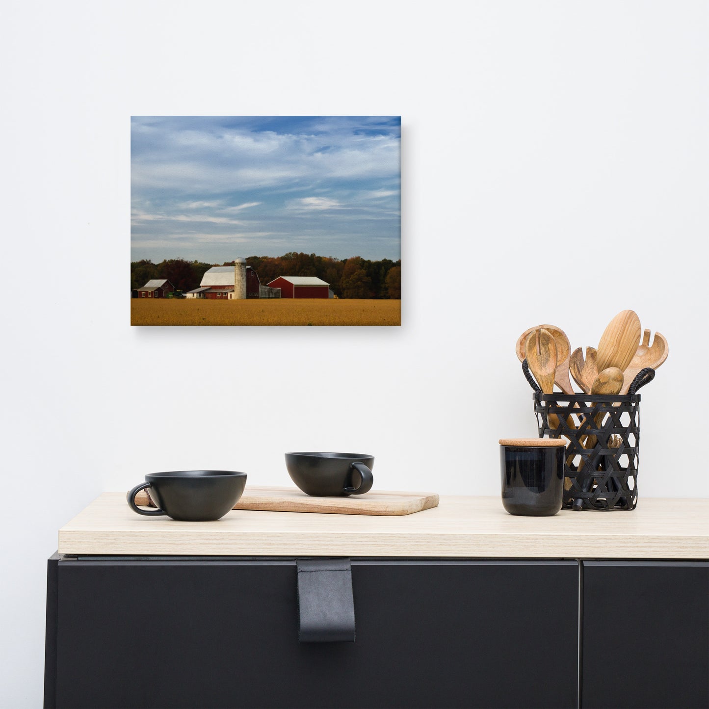 Red Barn in Golden Field Traditional Color Rural Landscape Canvas Wall Art Prints