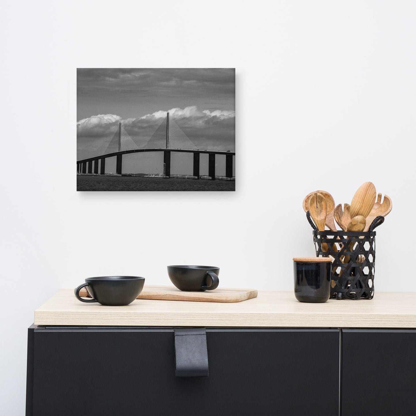 Skyway Bridge Black and White Coastal Landscape Canvas Wall Art Prints