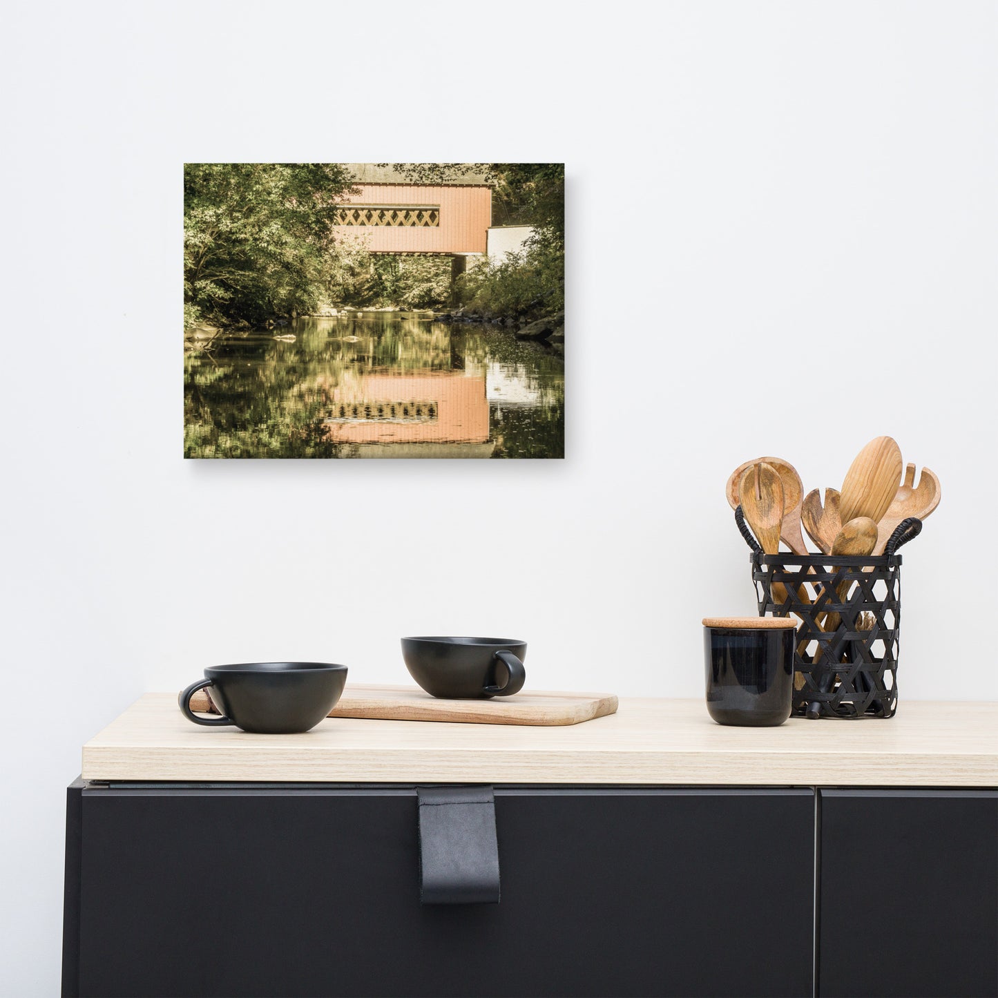 The Reflection of Wooddale Covered Bridge Aged Canvas Wall Art Prints