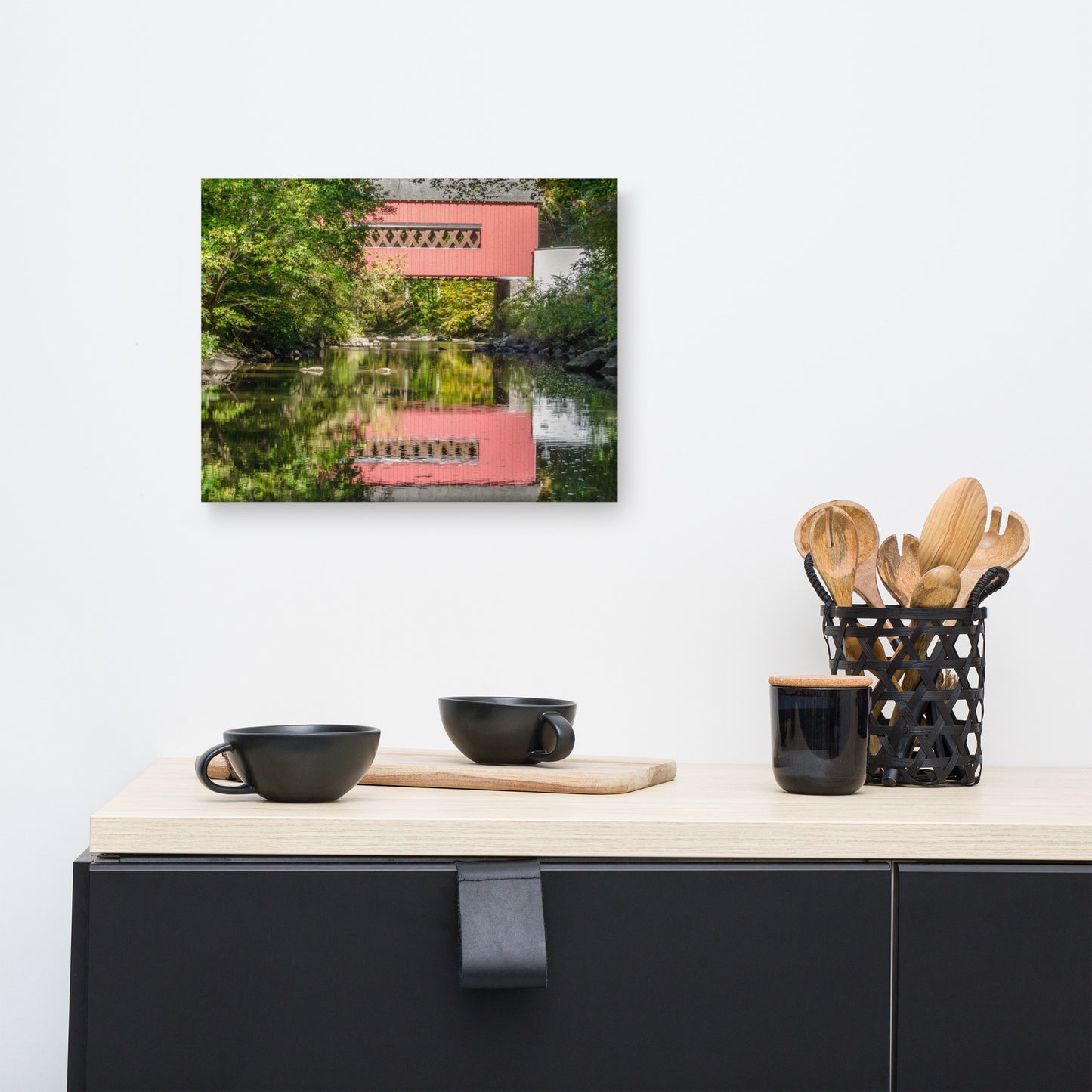 The Reflection of Wooddale Covered Bridge Rural Landscape Canvas Wall Art Prints