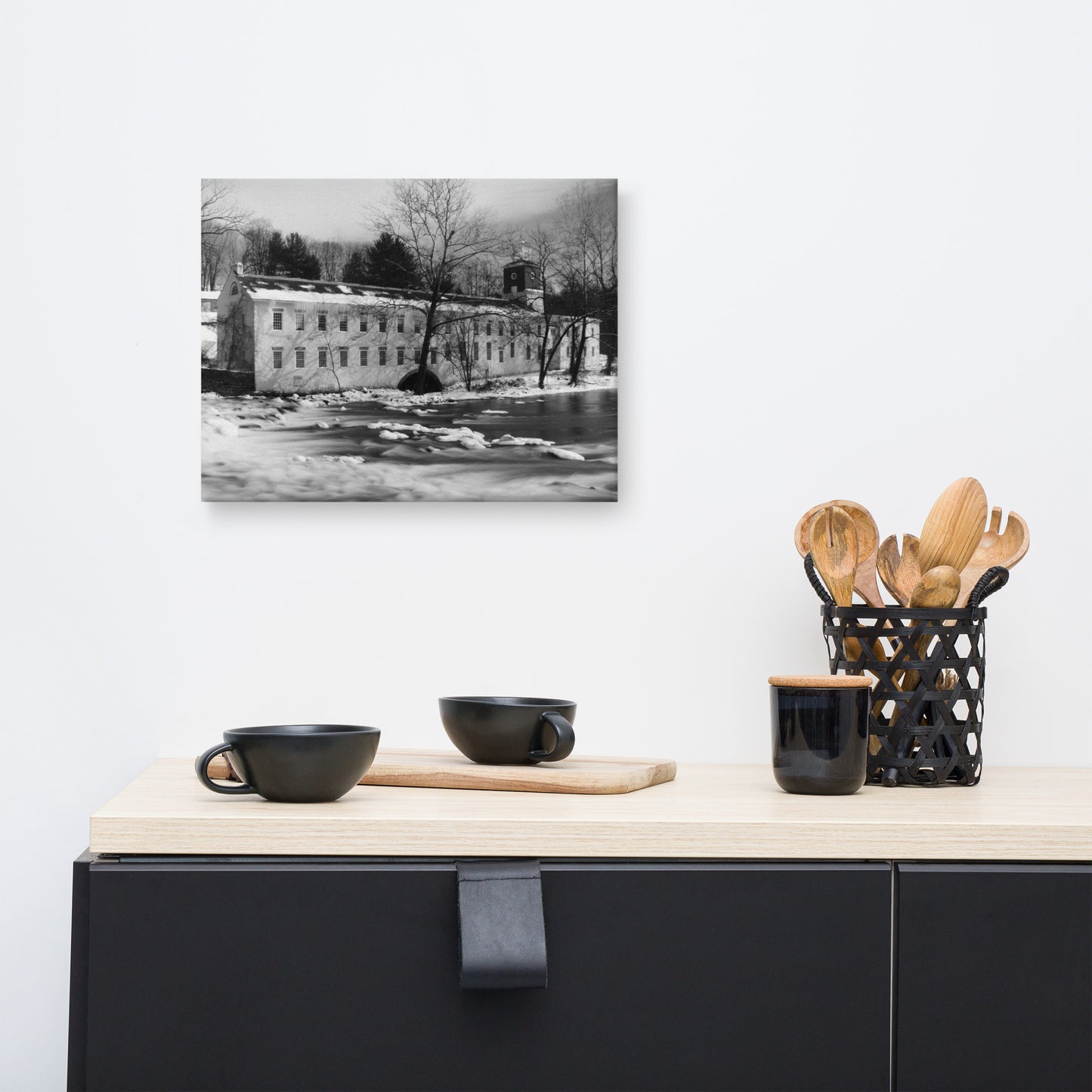 Winter at Powder Mill Black and White Rural Landscape Canvas Wall Art Prints