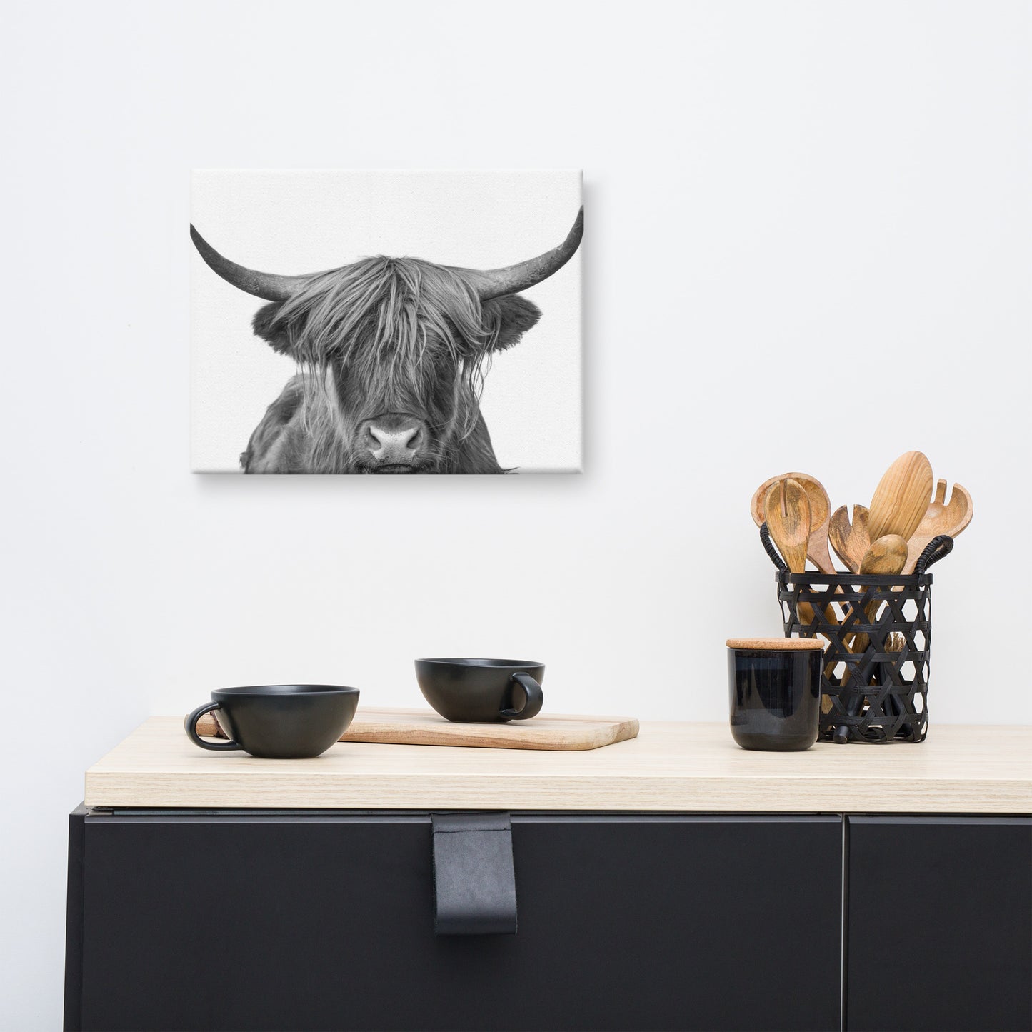 Highland Cow Black and White Wildlife / Animal Photograph Canvas Wall Art Print