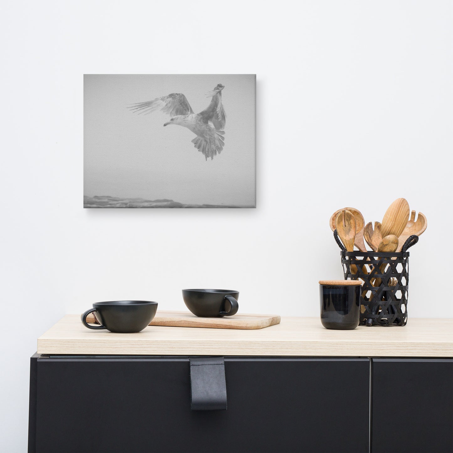 Gull in the Mist - Black and White Animal / Wildlife Photograph Canvas Wall Art Prints