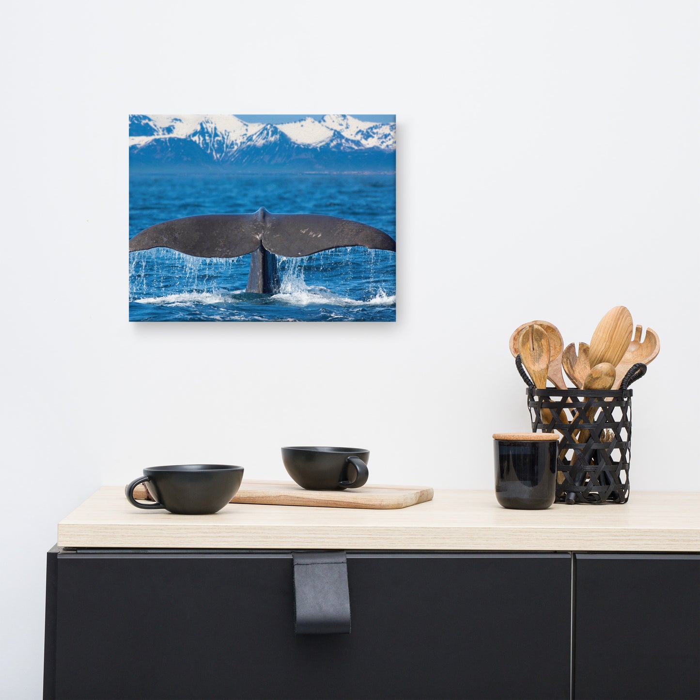 Sperm Whale Tall Splashing In Blue Water With Mountains Of Norway Animal Wildlife Photograph Canvas Wall Art Print