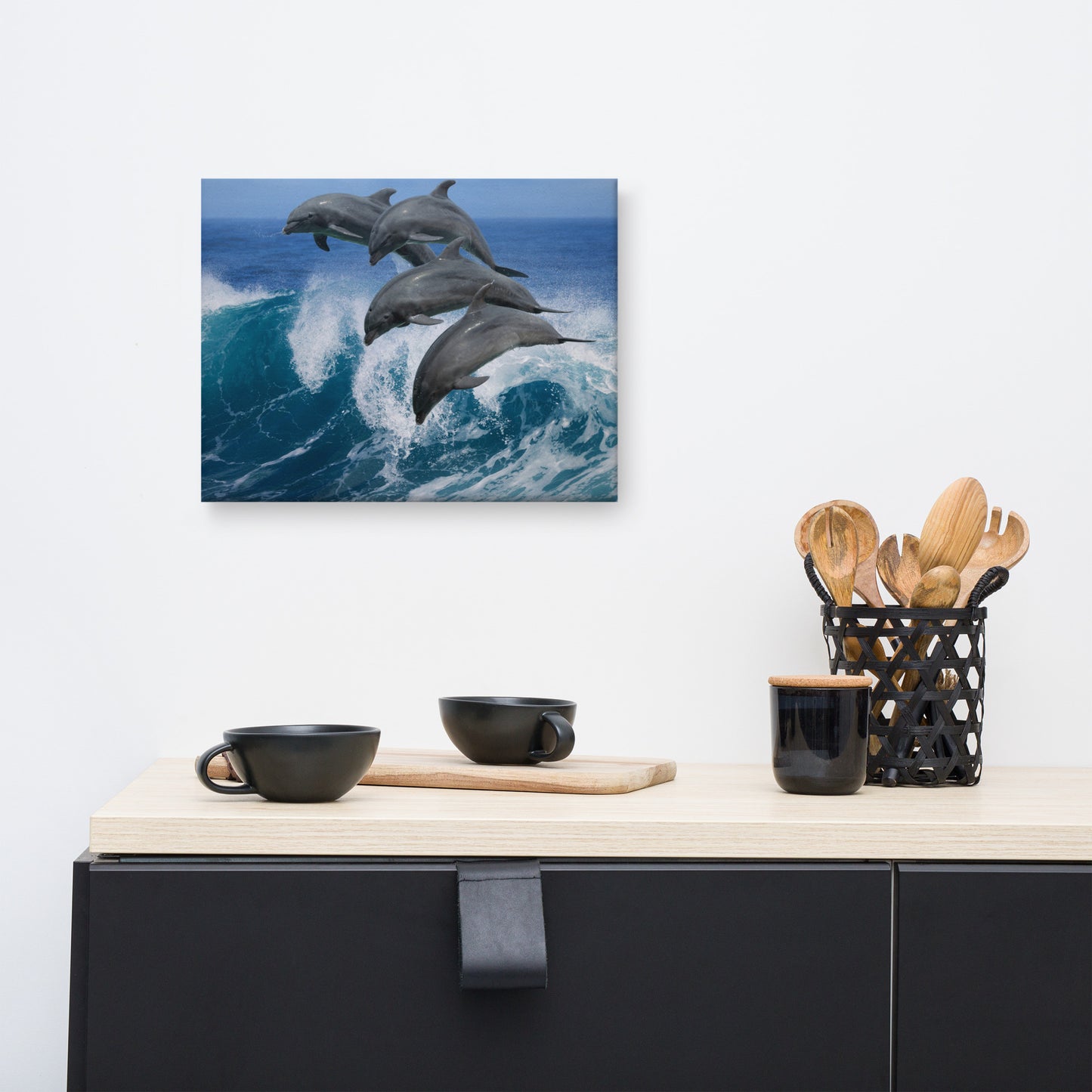 Four Bottle Noise Dolphins Jumping Waves In Tropical Blue Ocean Animal Wildlife Photograph Canvas Wall Art Print