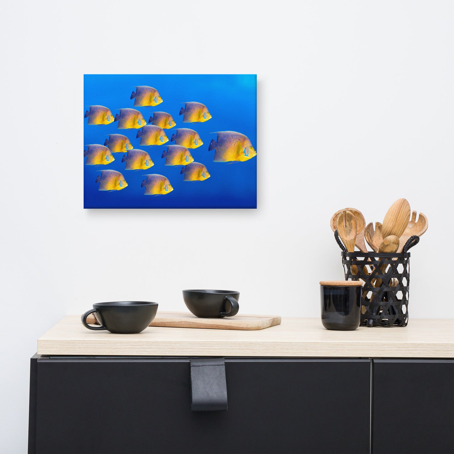 School of Tropical Coral Fish Angelfish Isolated In Blue Ocean Water Animal Wildlife Photograph Canvas Wall Art Prints