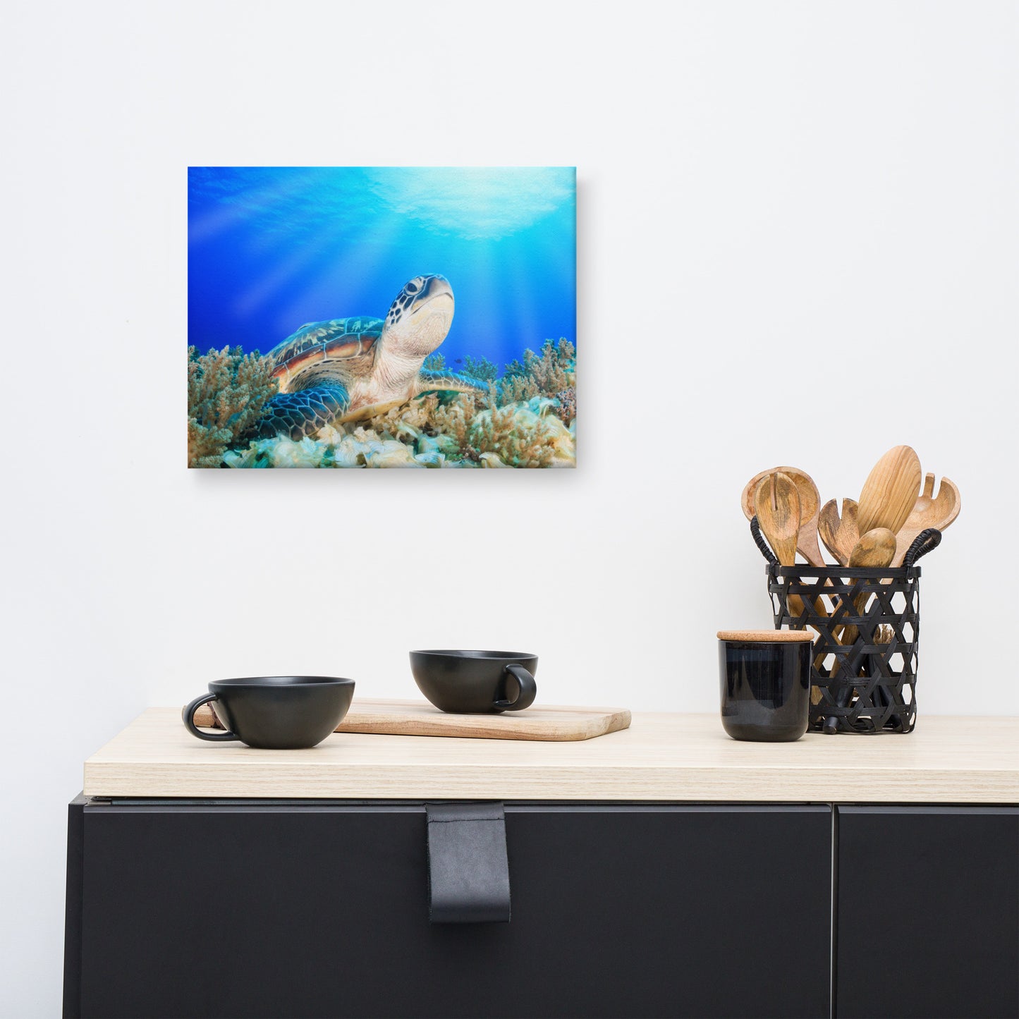 Green Sea Turtle In Tropical Coral Reef Animal Wildlife Photo Canvas Wall Art Print