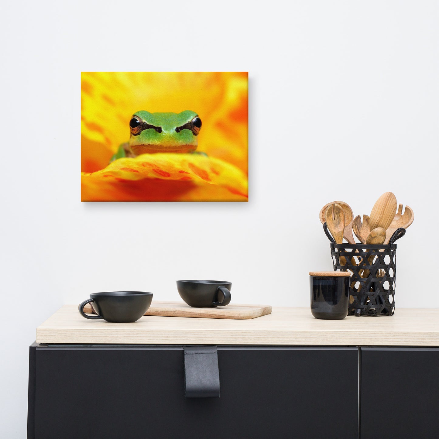Hyla Green Frog on Yellow and Orange Flower Petals Wildlife Floral Nature Photo Canvas Wall Art Print