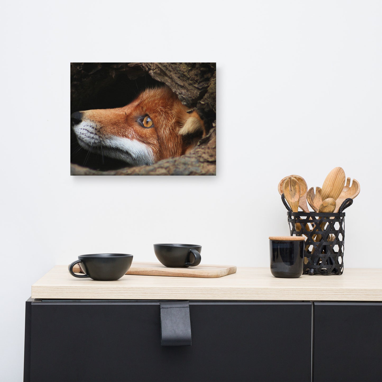 Red Fox Face in Stump Of Tree Animal Wildlife Nature Photograph Canvas Wall Art Prints
