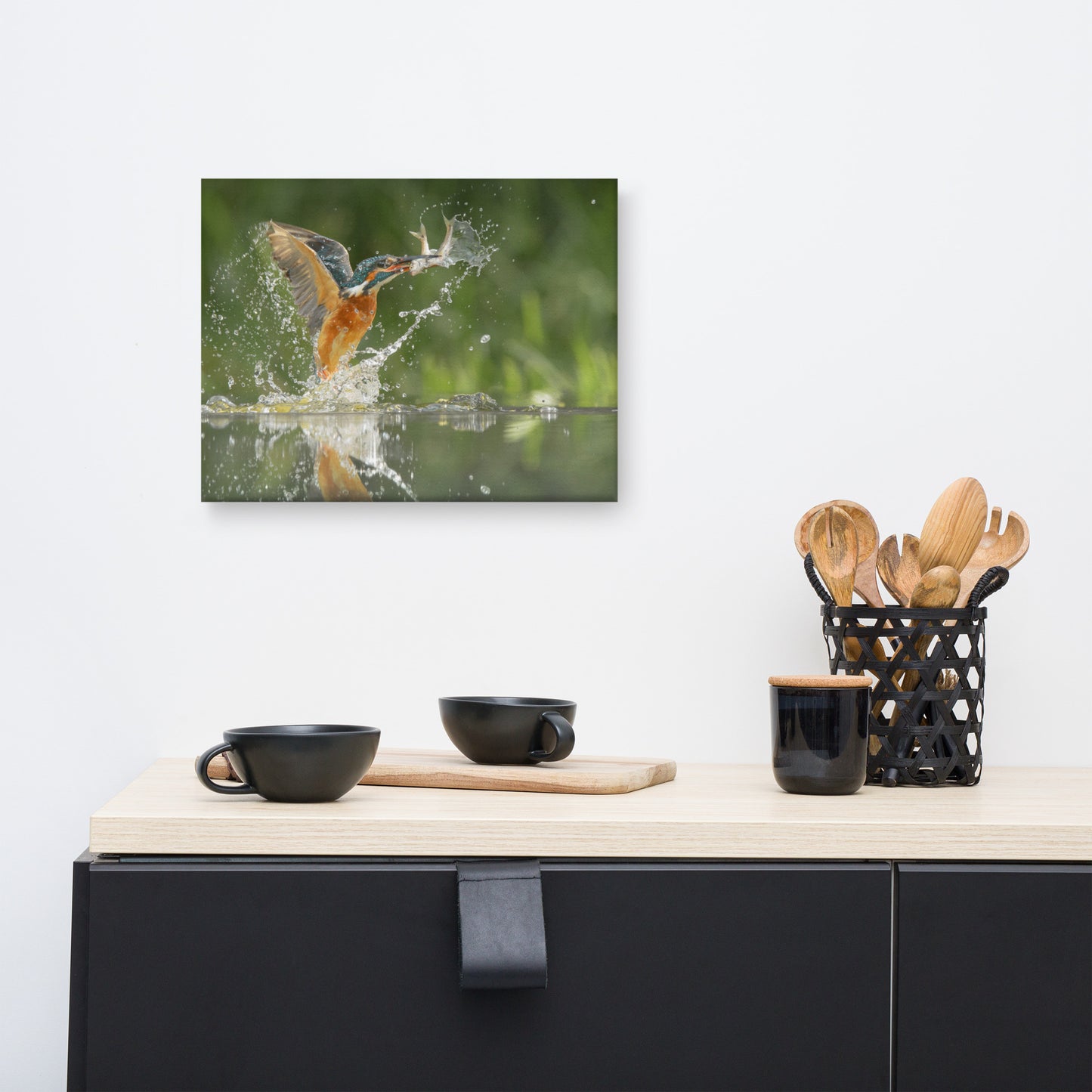 Flying Turquoise Blue and Orange Common Kingfisher Bird With Fish Animal Wildlife Photograph Canvas Wall Art Prints