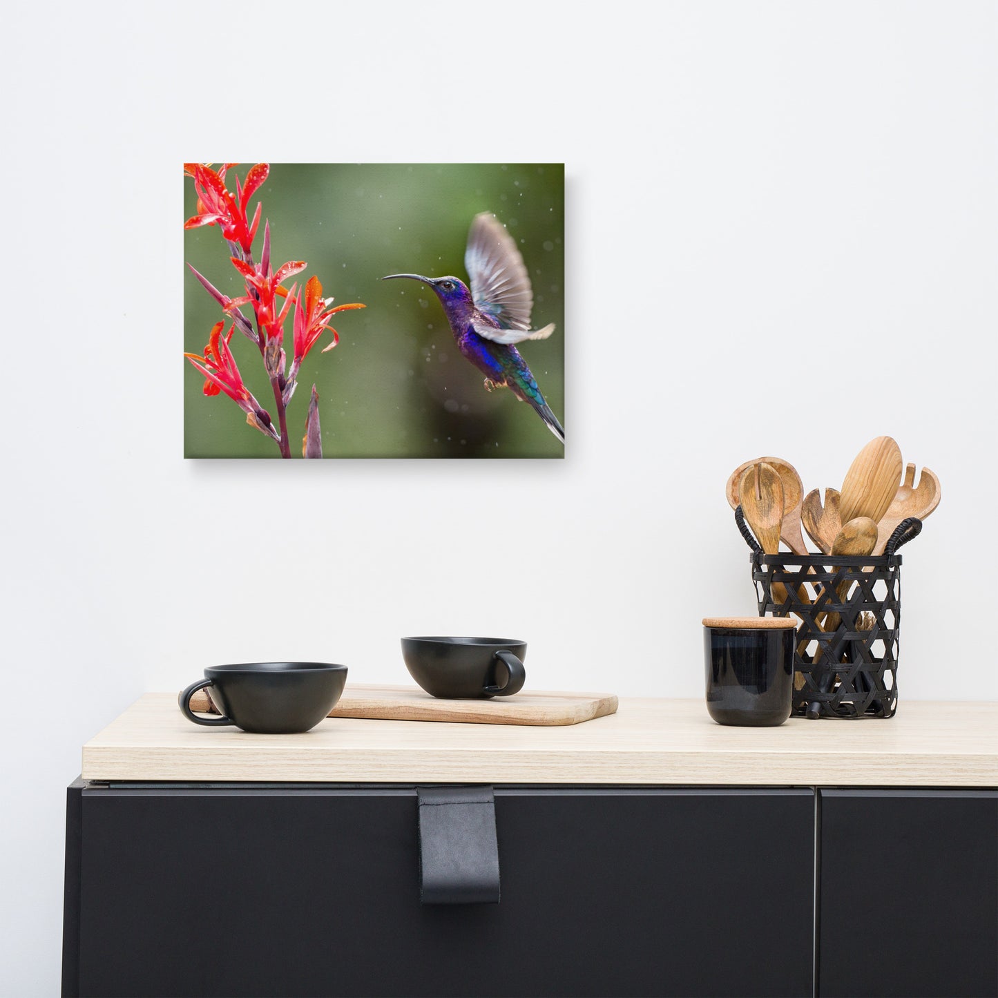 Hummingbird with Little Red Flowers Animal Wildlife Floral Photograph Canvas Wall Art Prints