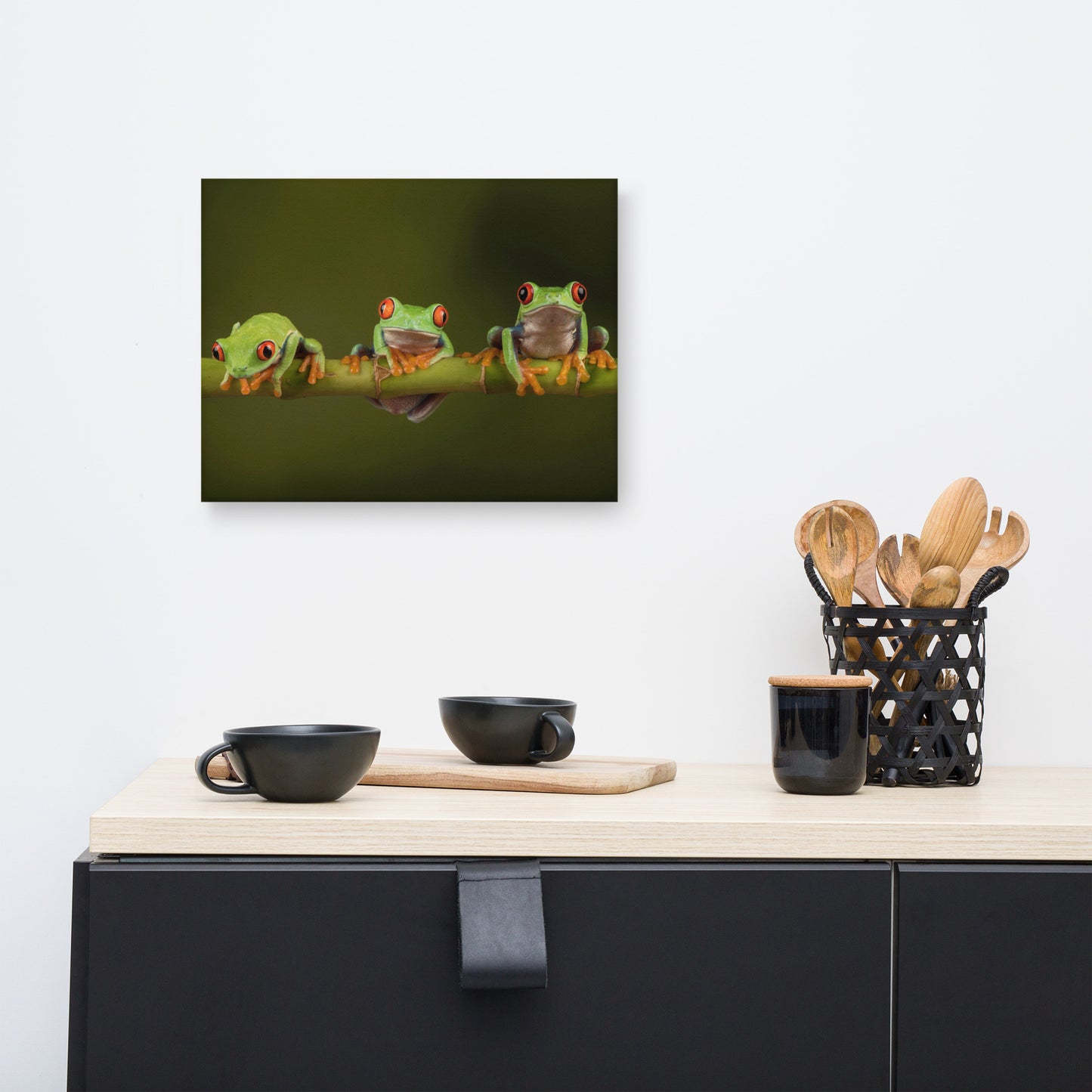 Three Tiny Green Red Eyed Tree Frog Photograph Canvas Wall Art Print