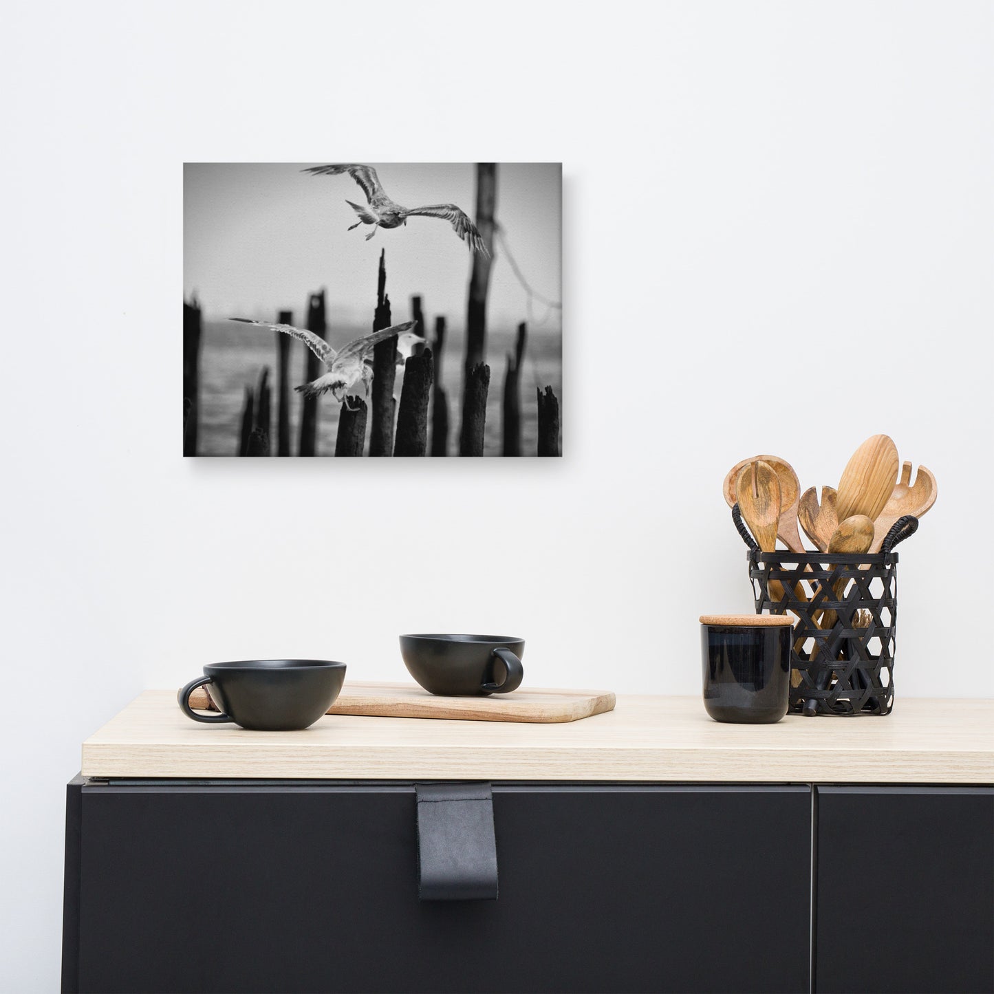 Flying Sea Gull in Black and White Animal / Wildlife Photograph Canvas Wall Art Prints