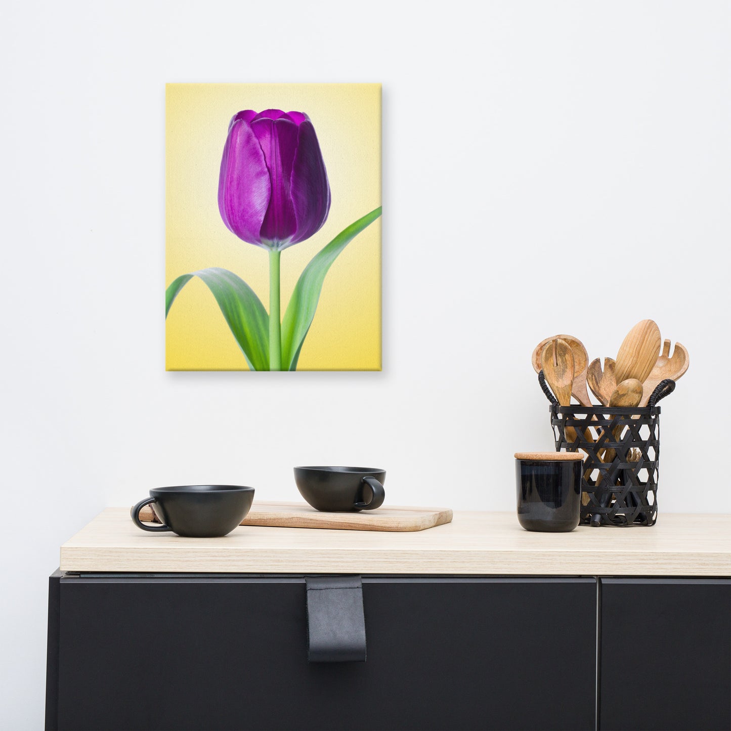 Purple Tulip on Yellow Minimal Floral Botanical Nature Photo Canvas Wall Art Print