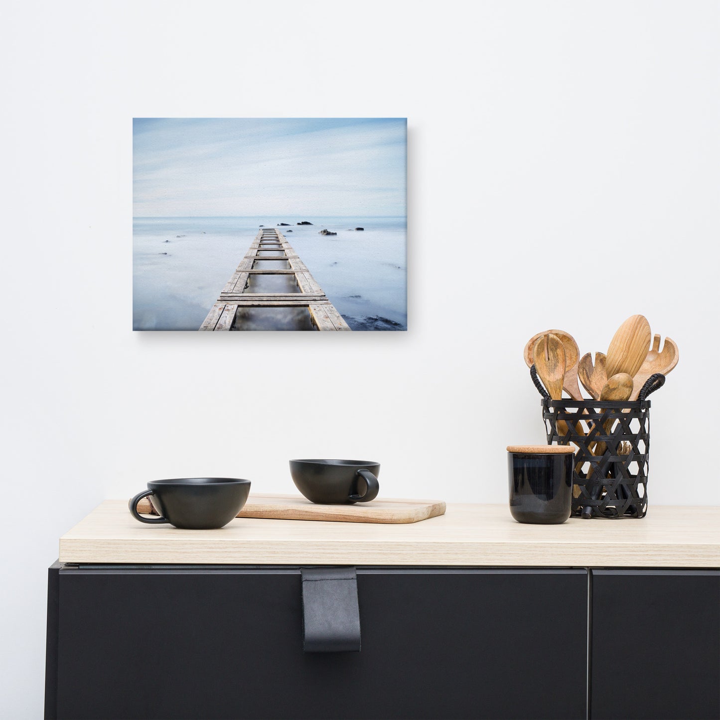 Moody Ocean and Sky Wooden Pier Landscape Photo Canvas Wall Art Prints