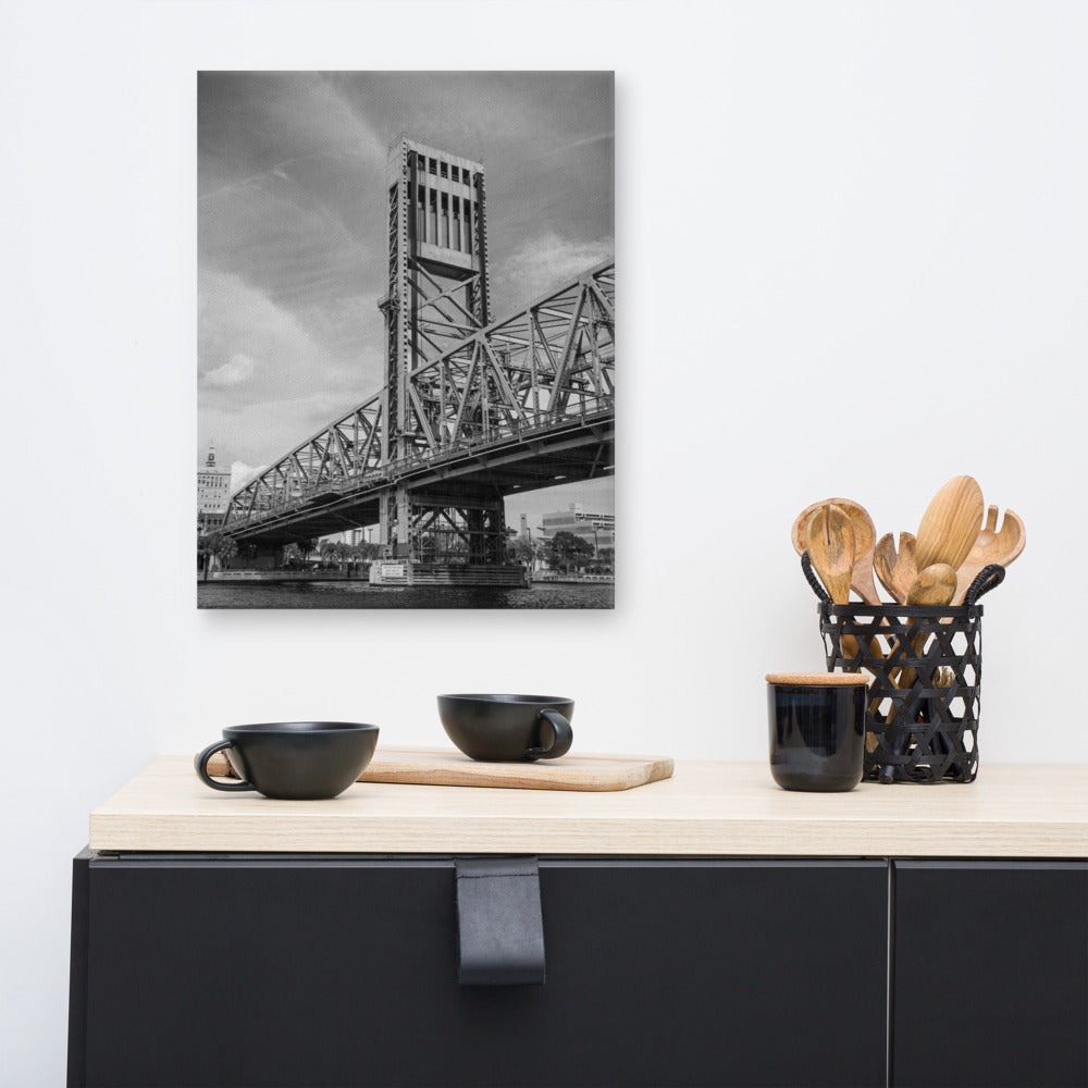 Urban Landscape Artwork: Lift Bridge of Jacksonville Florida Black and White Urban Landscape Photo Canvas Wall Art Print