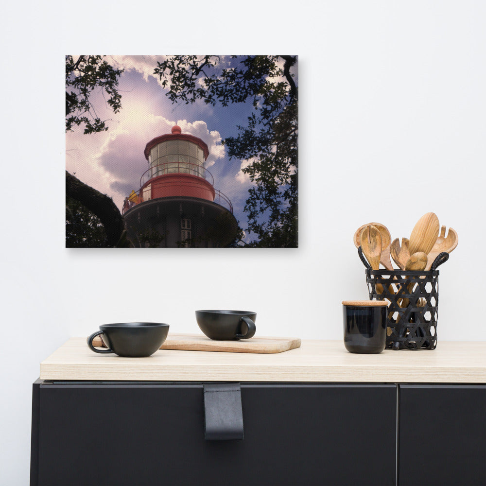 Blue Nautical Wall Art: Saint Augustine Lighthouse and Tree Branches Urban Building Photograph Canvas Wall Art Prints
