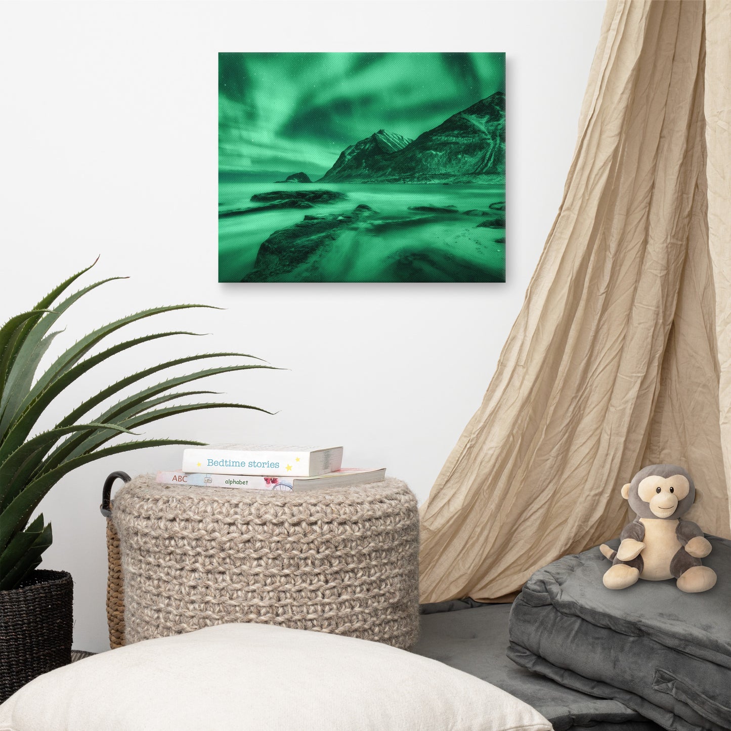 Green Northern Lights and Mountain Coast Lofoten islands, Norway Landscape Photo Canvas Wall Art Prints