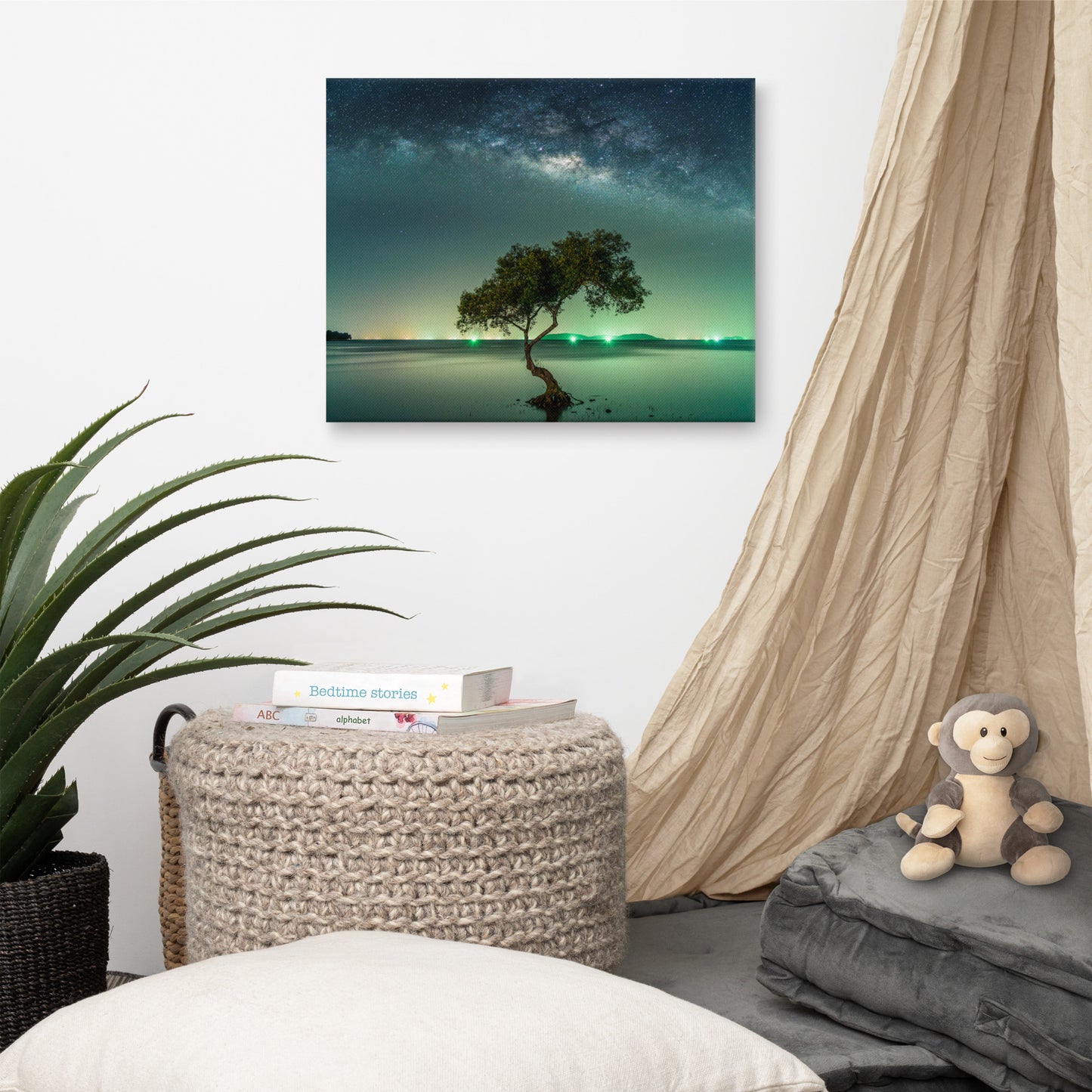 Glowing Milky Way Galaxy with Tree Landscape Photo Canvas Wall Art Prints