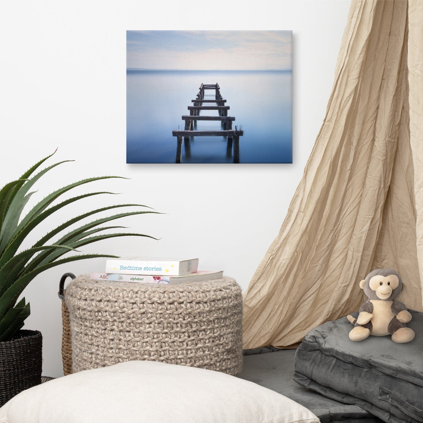 Soft Blue Lake and Abandoned Pier Landscape Photo Canvas Wall Art Prints