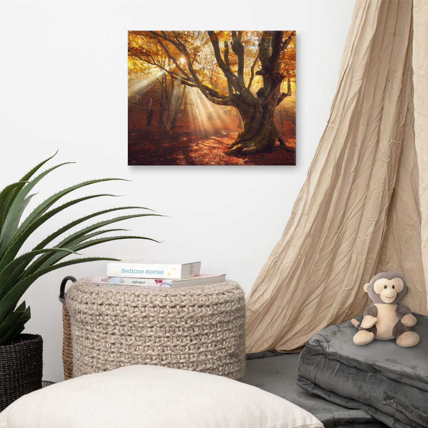 Old Magical Tree in Forest with Glory Rays Landscape Photo Canvas Wall Art Prints
