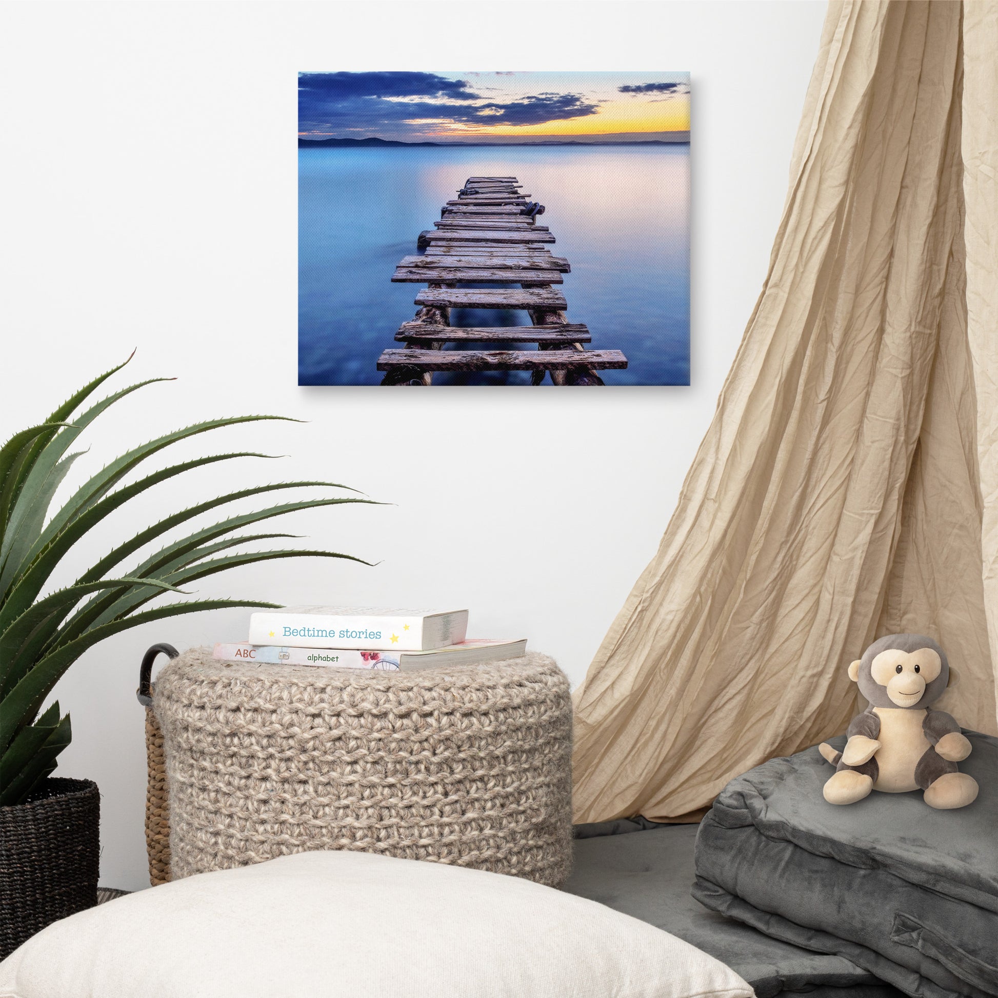 Old Weathered Lake Pier at Sunset Landscape Photo Canvas Wall Art Prints