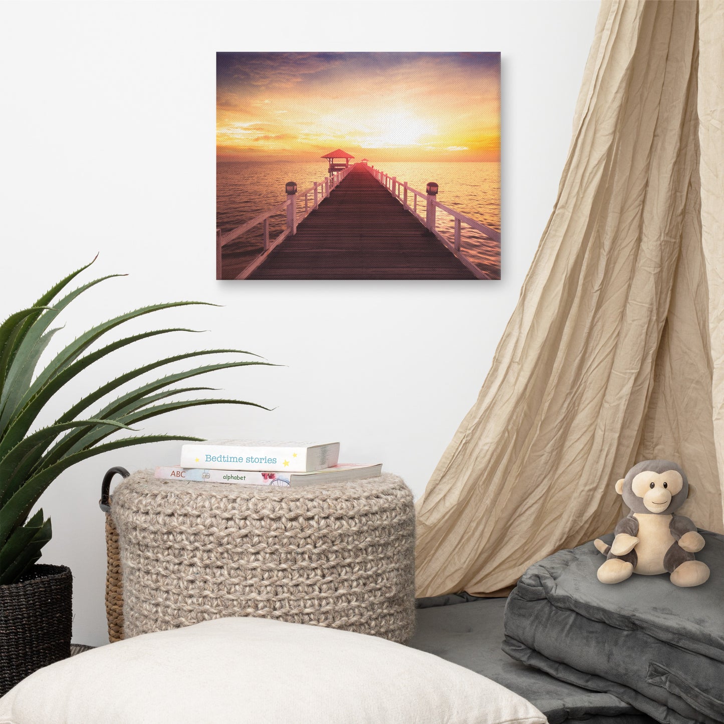 Surreal Wooden Pier at Sunset with Shadow and Summer Heat Effect Landscape Photo Canvas Wall Art Prints