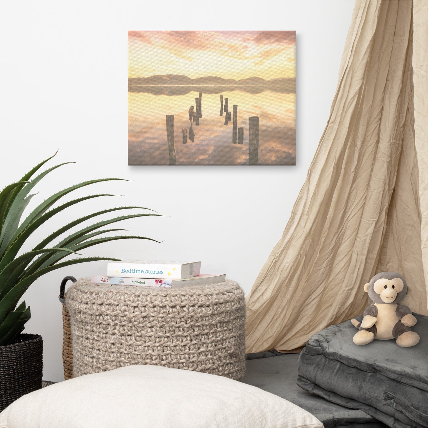 Sunset Pillars and Reflections on Lake Landscape Photo Canvas Wall Art Prints